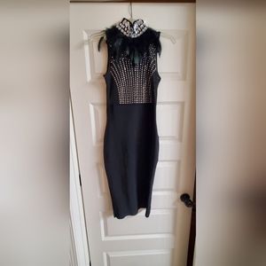 Unique Midi Dress with Feathers, Rhinestone and Stone detail